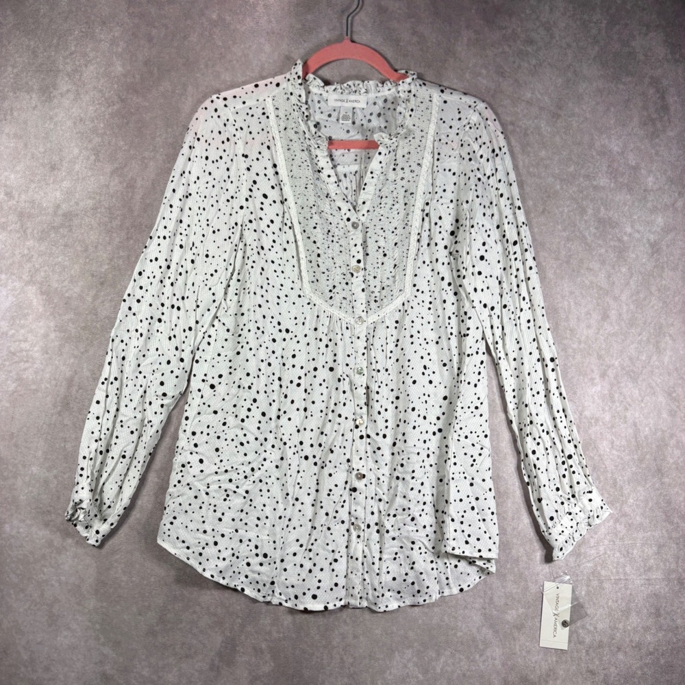 Vintage America Blouse Womens M White Alessandra Boho Polka Dot Ruffle Lace NEW